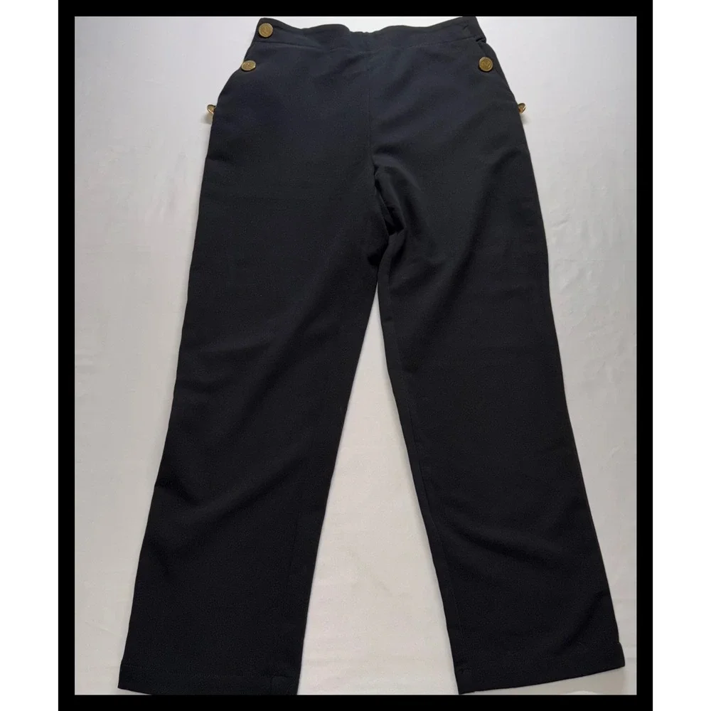 Ellison Sailor Pants Women Large Black Gold Button High Rise Wide Leg Trousers